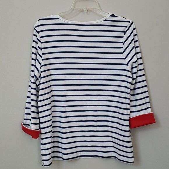 Quacker Factory Top Womens M Sequin American Flag Soft V Neck White Navy Stripes - Picture 4 of 6